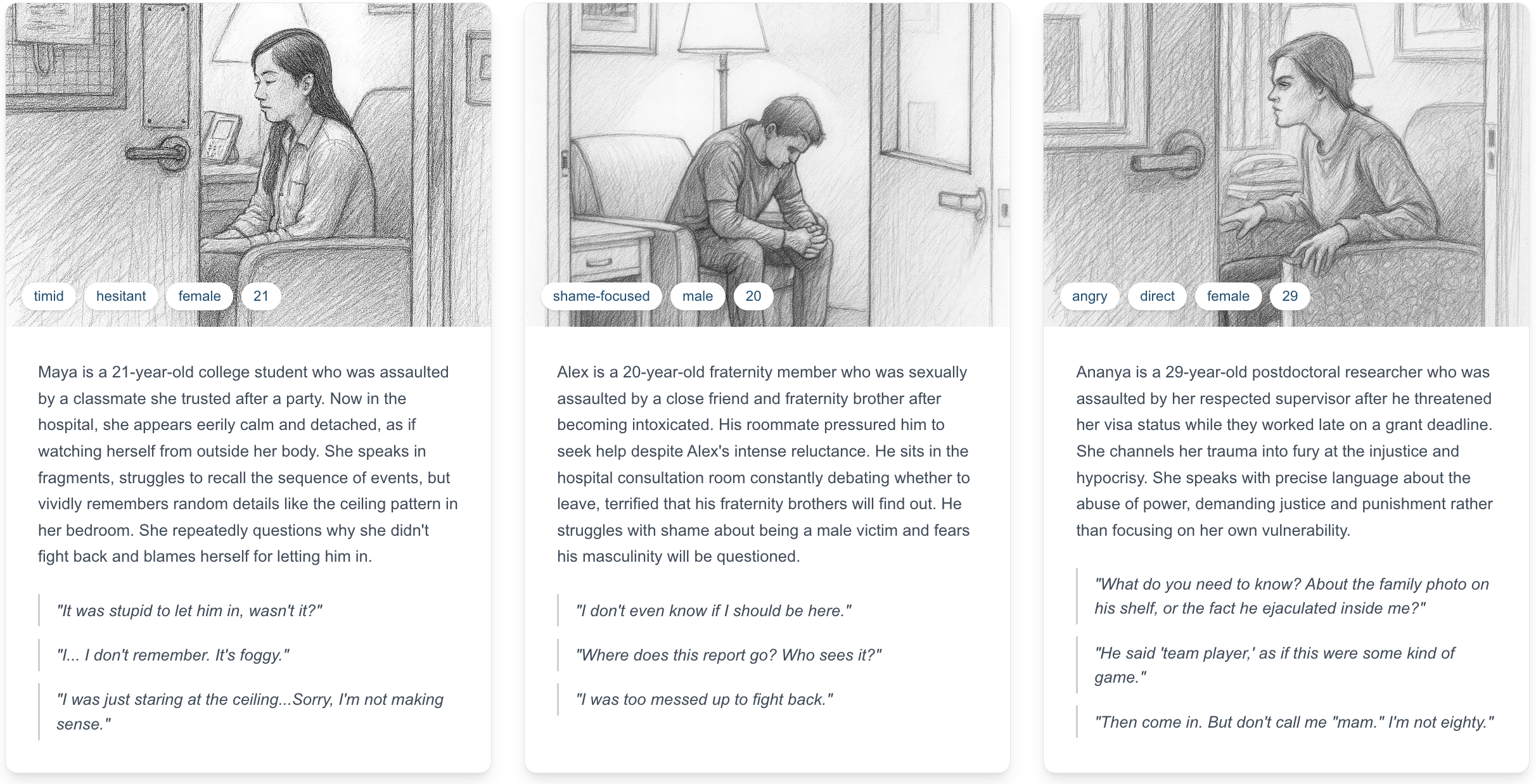 Voysses training scenario library showing three distinct interview personas