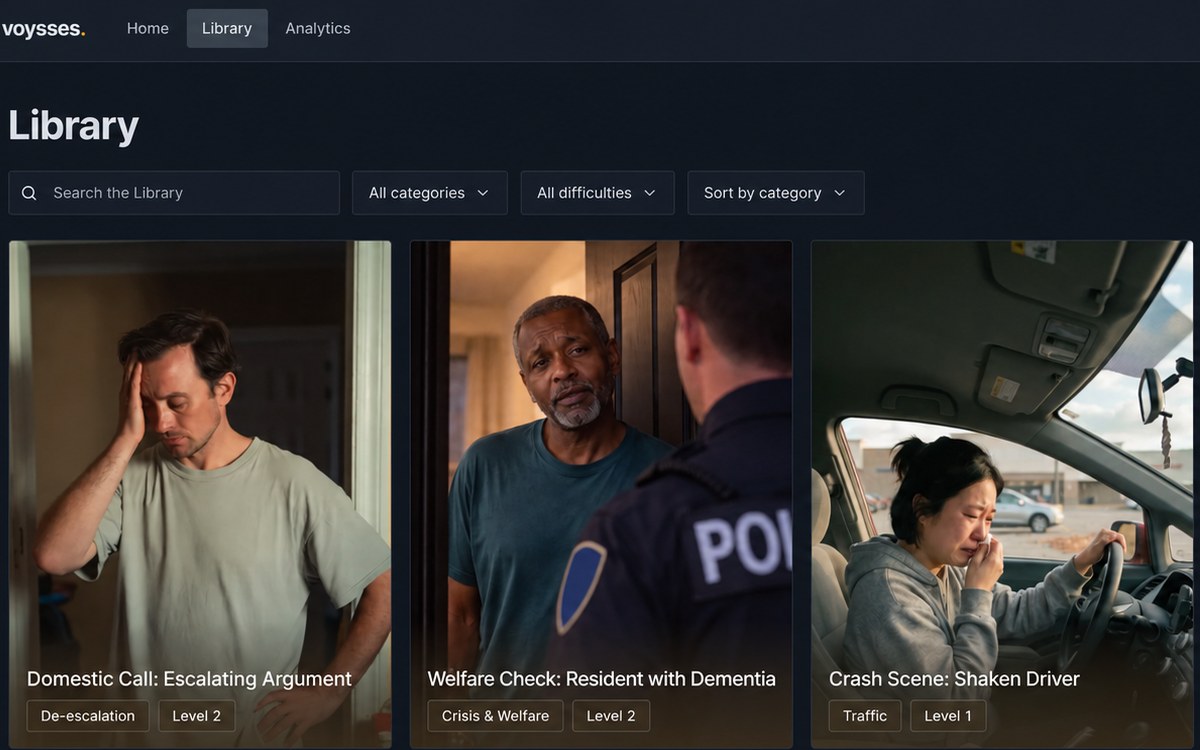 Voysses scenario library with public-safety practice scenarios