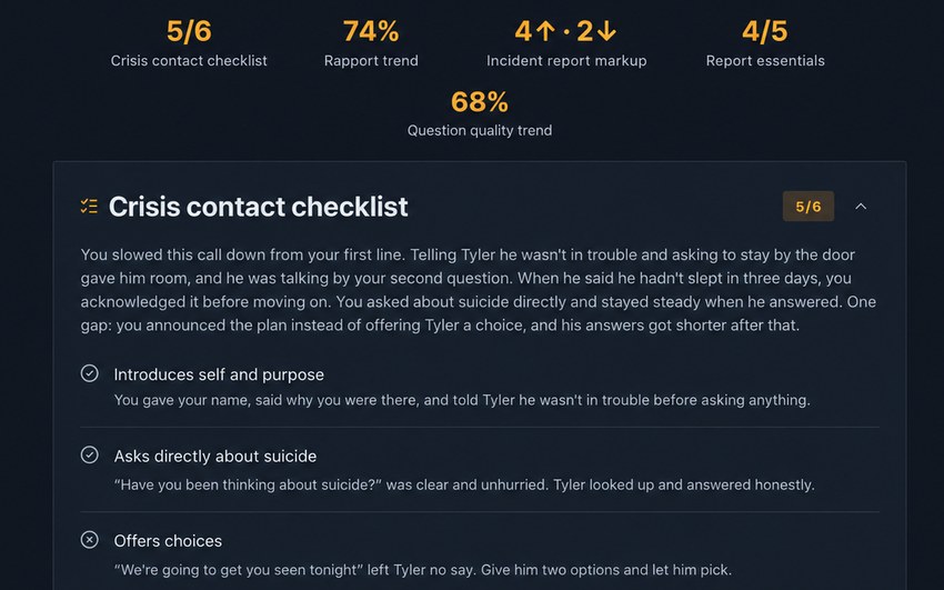 A Voysses debrief with scores and a crisis contact checklist