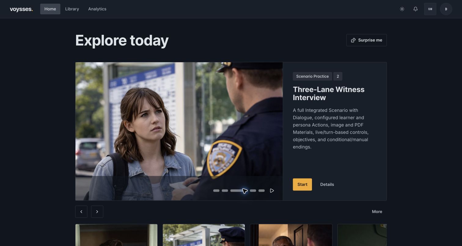 Voysses Explore today screen featuring a police officer speaking with a witness
