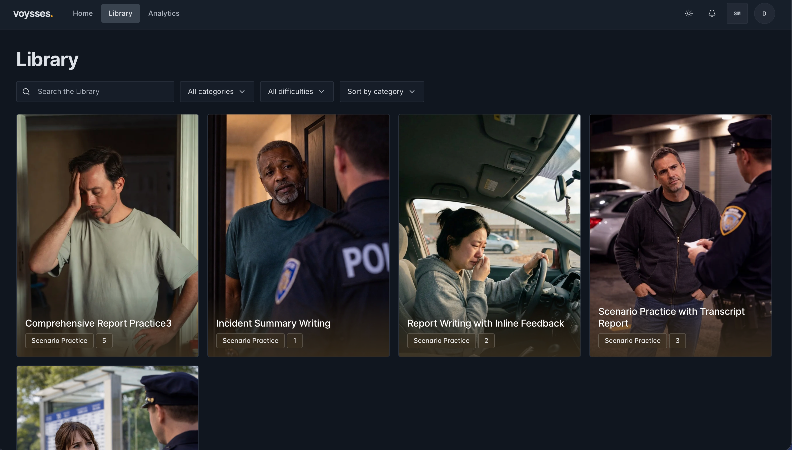 Real Voysses learning library showing a searchable collection of public-safety practice scenarios