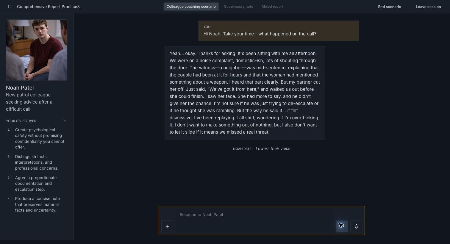 Real Voysses scenario in progress, showing the persona, objectives, and a responsive conversation